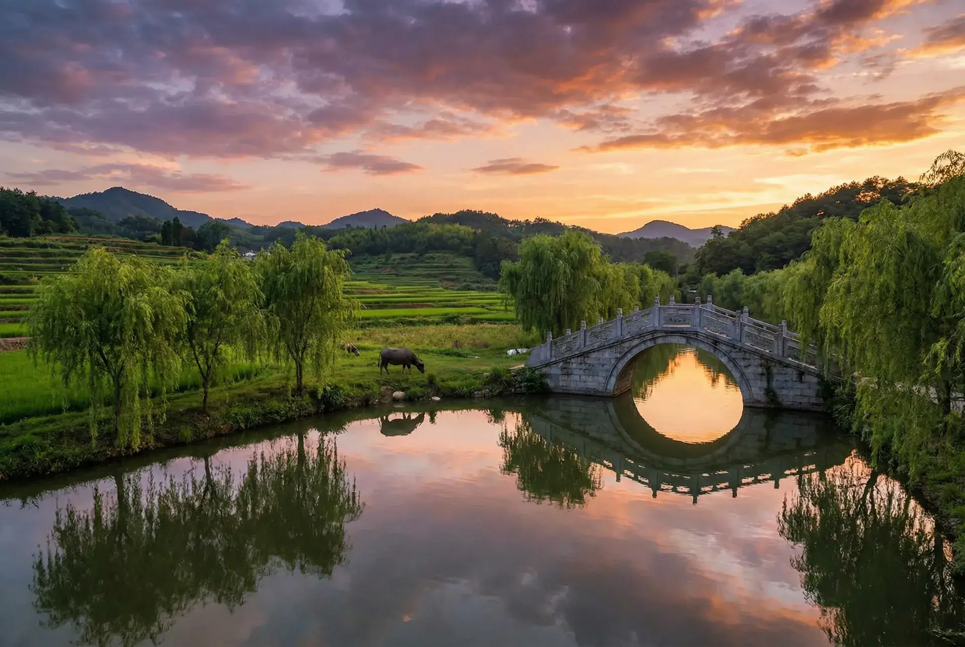 夕阳下的石拱桥与垂柳，水牛在河边吃草 - 法国空乘 乡村美景