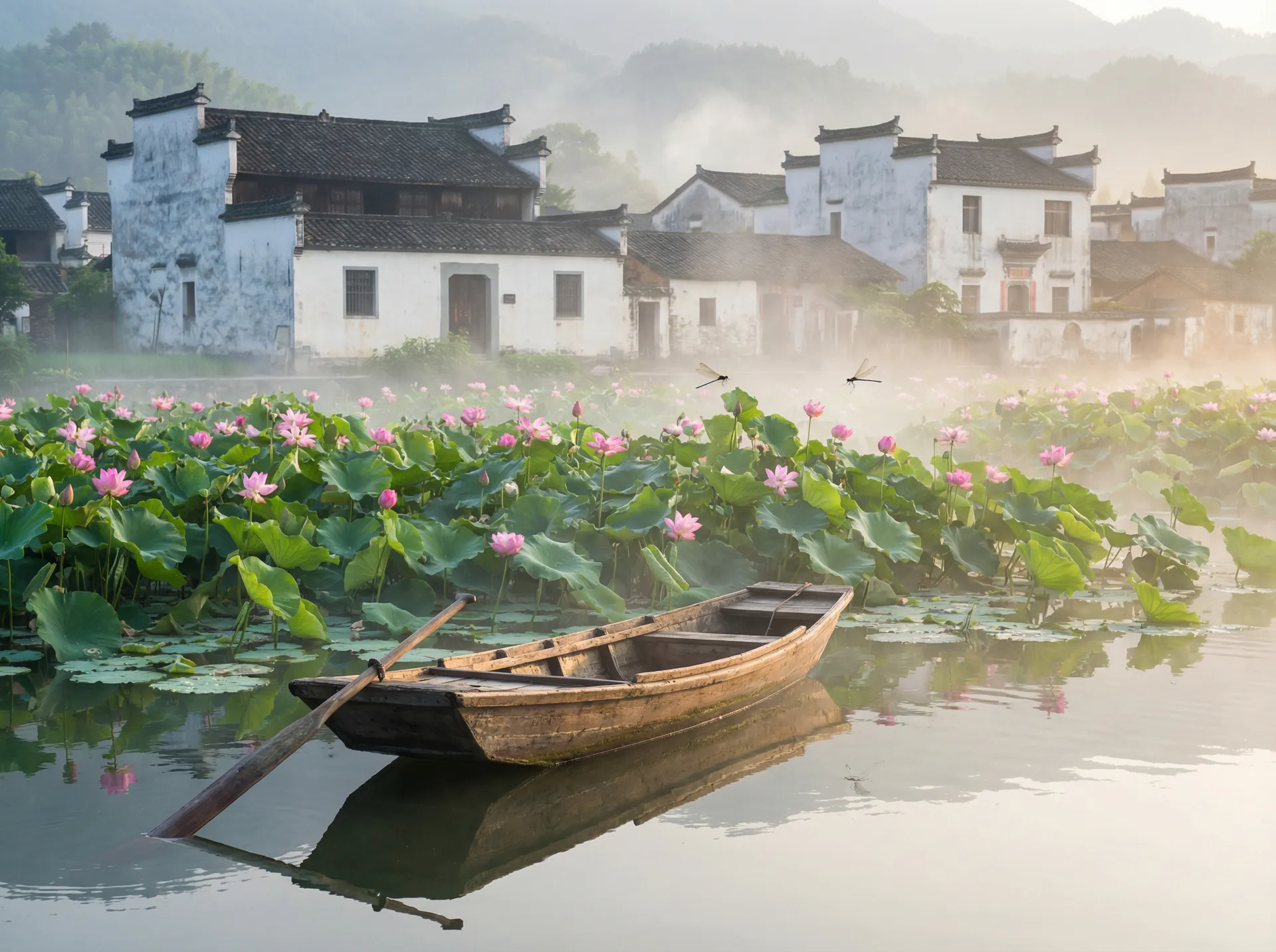 清晨荷塘小舟，粉色荷花盛开，白墙黑瓦的村庄 - 法国空乘 水乡风情